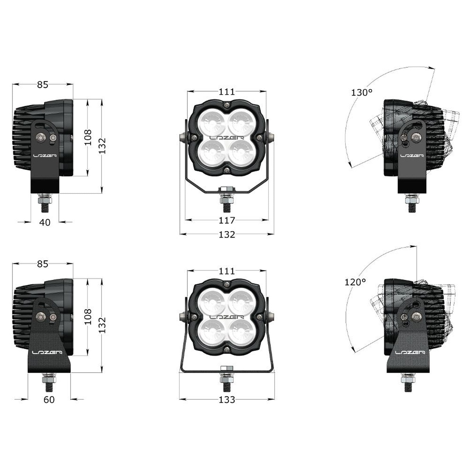 Phare LED LAZER Utility-45 Gen2 noir fixation slim 4560 Lm – Ford Ranger – vue 3